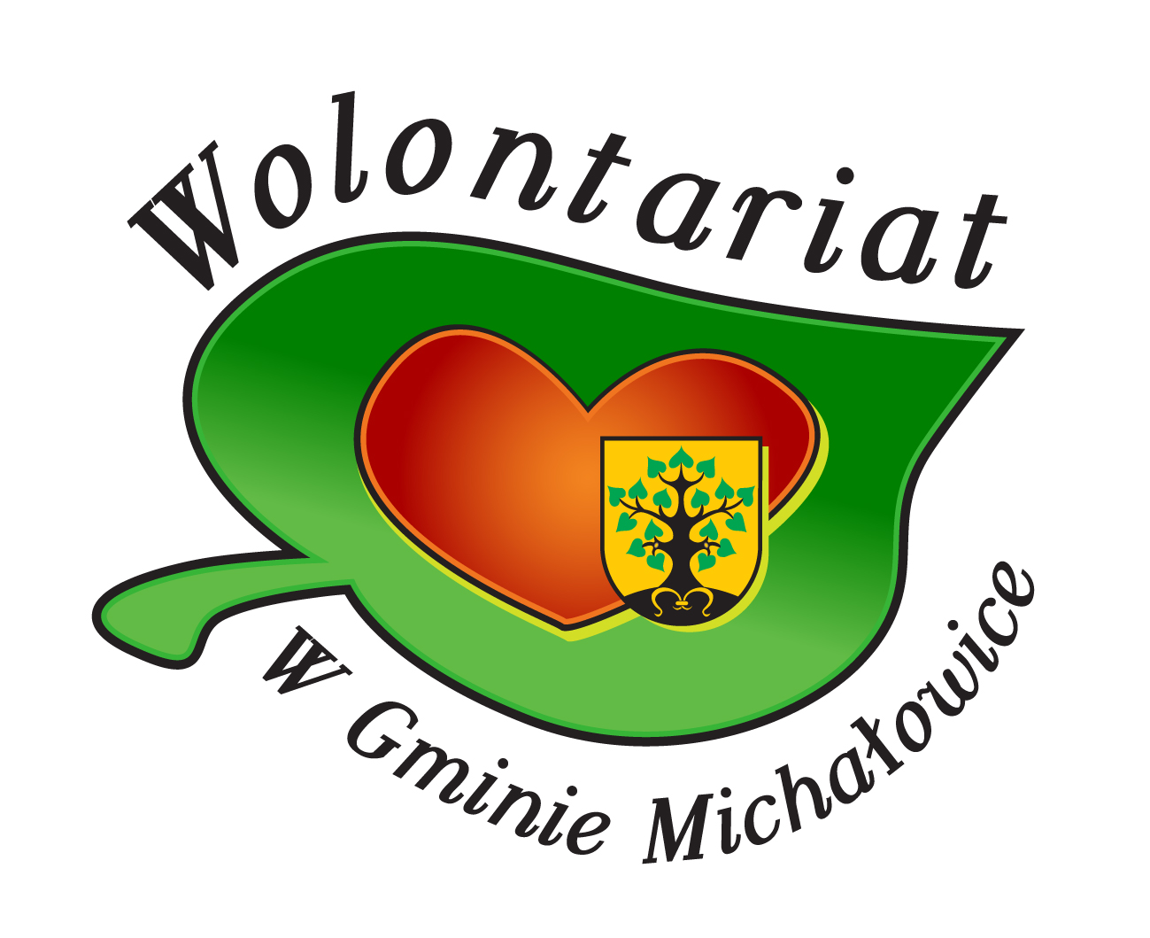 Obrazek przedstawia logo wolontariatu Zielony liść, w środku serce i herb Gminy Michałowice lipę na żółtym tle.